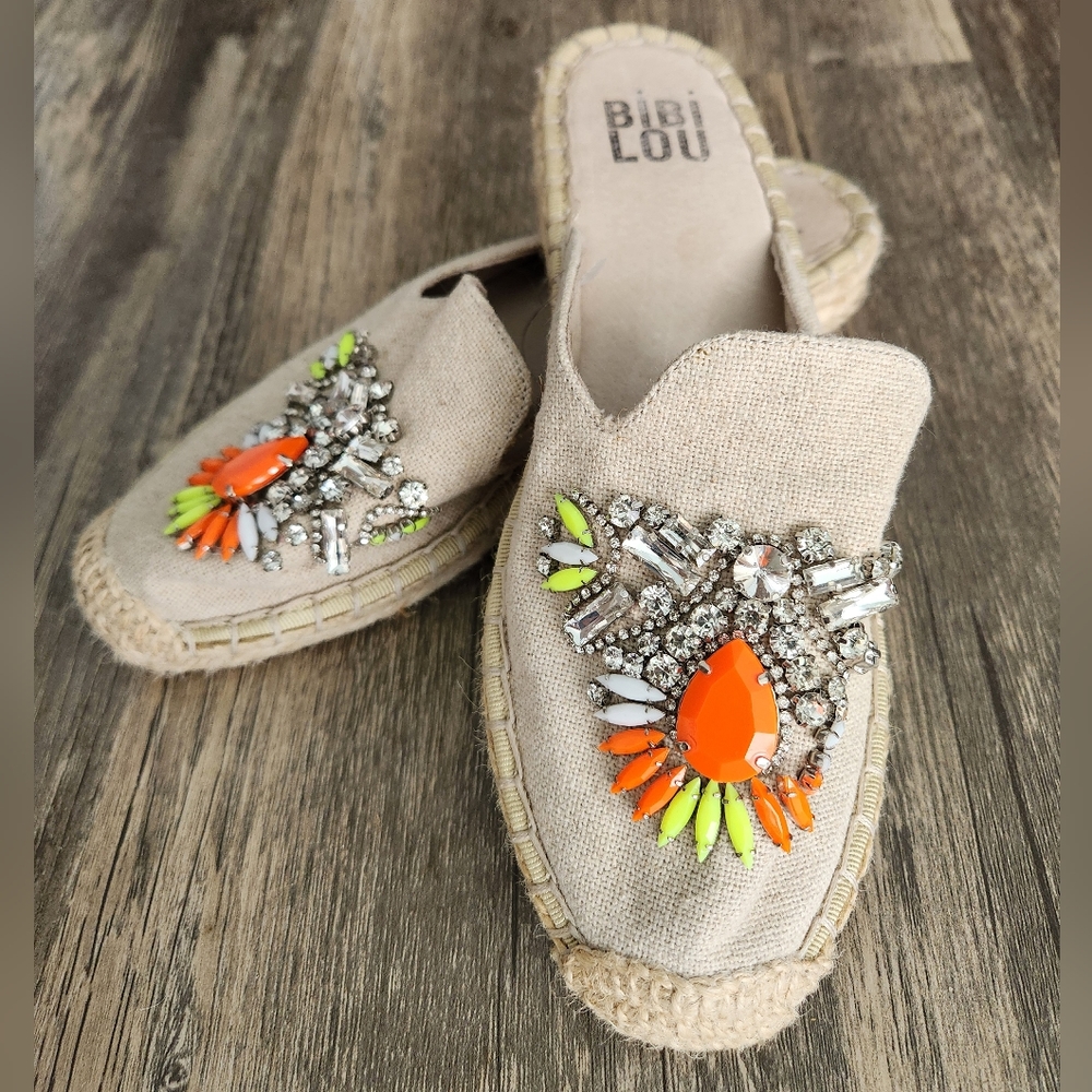 Bibi Lou Embellished Rhinestone Flat Espadrilles Mules Slides Euro 37 US 6.5